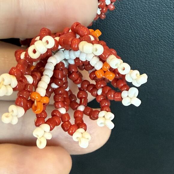 Vintage Mexican Pendant Necklace Red White Folk Art Beadwork Ethnic Jewelry 24" - Picture 3 of 9